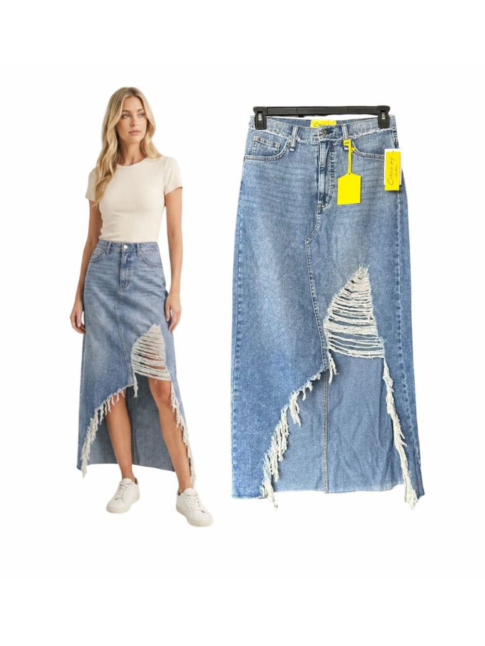 ⭐Sam Edelman Womens Maxi Skirt Size 27 Deconstructed Denim Jean Skirt Blue Boho